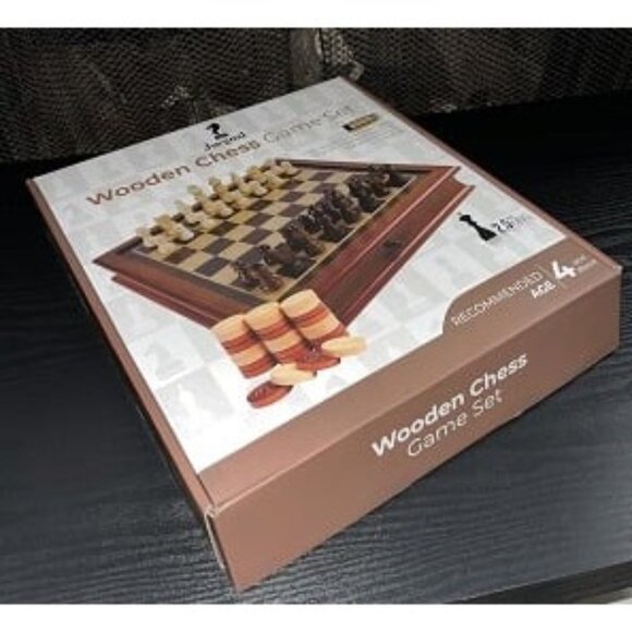 New 12-Inch Wooden Chess & Checkers Set with Storage Drawer, Portable Board - Picture 1 of 2